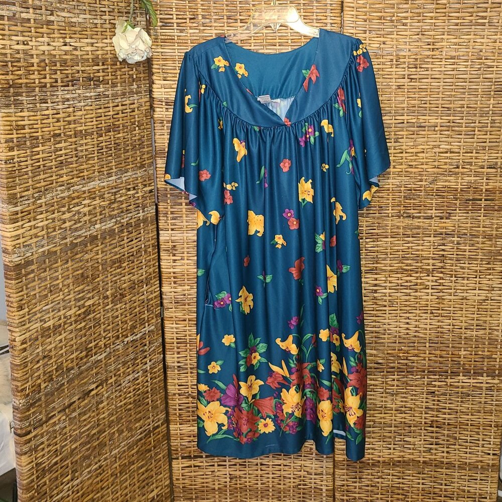 Anthony Richards Teal Floral Nightgown with Yellow & Purple Blooms